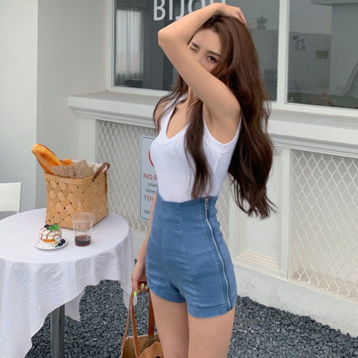 Fashion Baru Pinggang Tinggi Retro Sisi Ritsleting Pelangsing Stretch Celana Pendek Hot Pants