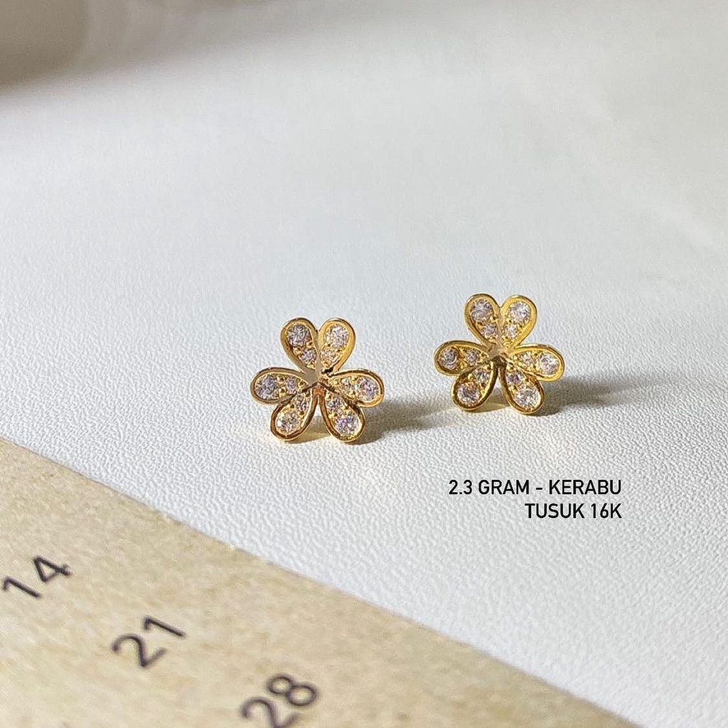 Anting duduk anak dan dewasa emas asli kadar 700 70 16k kerabu giwang tusuk paku clover kupu2 winter love heart hati permata like diamond ringan simple 1 2 3 satu dua tiga gram gr g