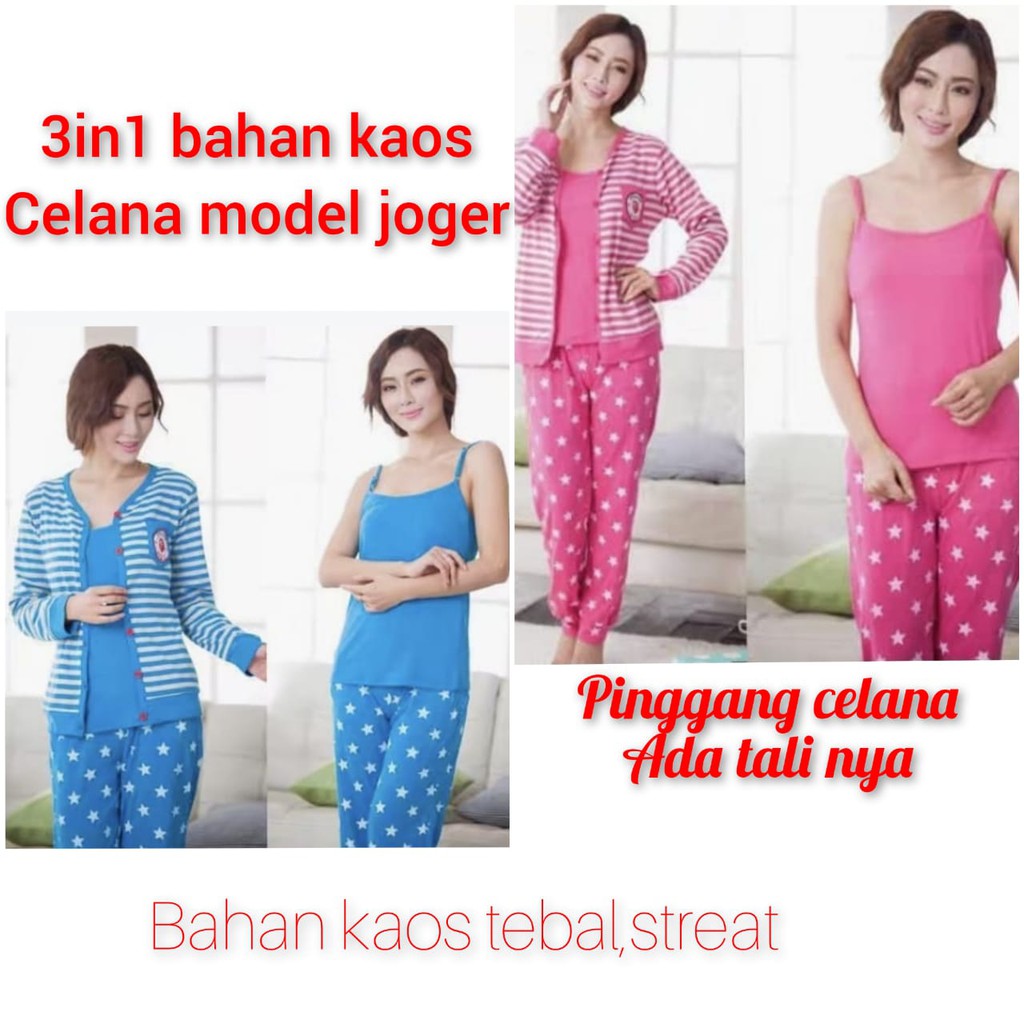 Baju tidur piyama 3in1 bahan kaos streat tebal lengan panjang celana panjang