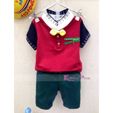 Stelan Anak KoreaPink White Collar Red set Pant Impor