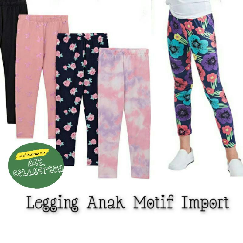 Legging Anak import perempuan 0-15 Thn Motif { RANDOM } Bahan Spandek Kaos Katun Import Uk XS - XXXL