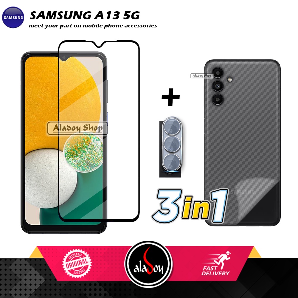 PAKET 3 IN 1 Tempered Glass Layar Samsung A13 5G Free Tempered Glass Camera dan Skin Carbon