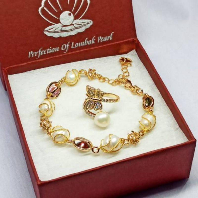 set perhiasan mutiara asli lombok set rhodium mutiara tawar