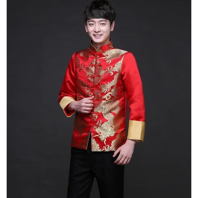 Jual Baju Cheongsam Koko Pria Warna Merah Gambar Emas Naga Tradisional