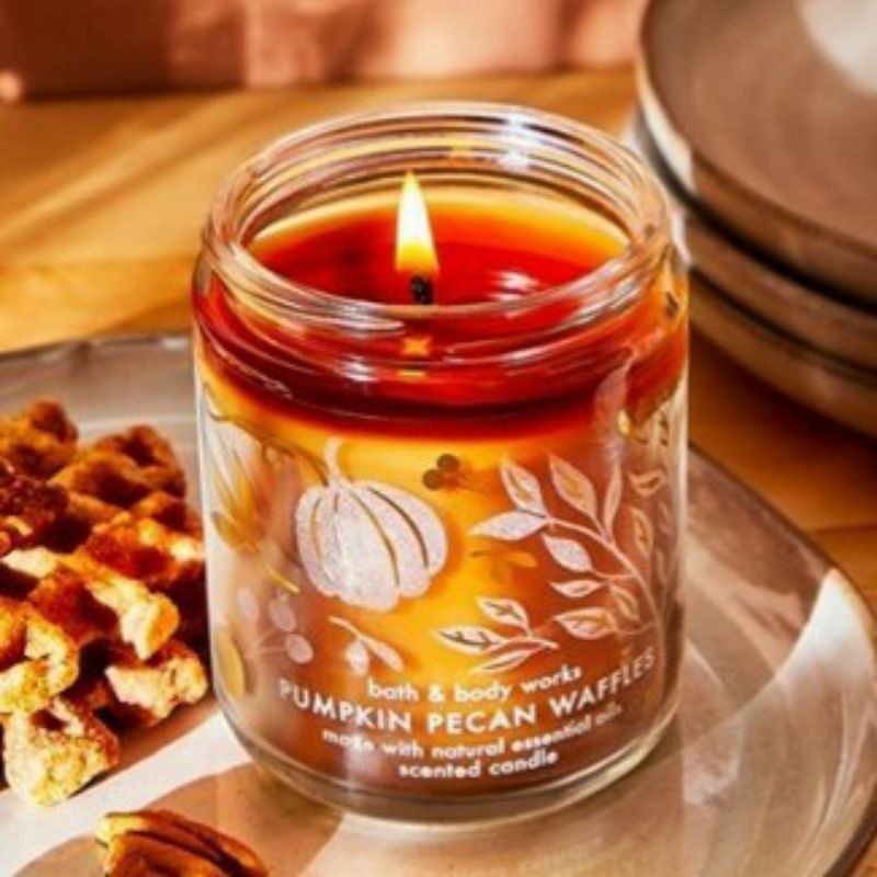 BATH &amp; BODY WORKS BBW PUMPKIN PECAN WAFFLES MADE WITH ESSENTIAL OILS WHITE BARN 1 SINGLE WICK SCENTED CANDLE 198 G PENGHARUM RUANGAN