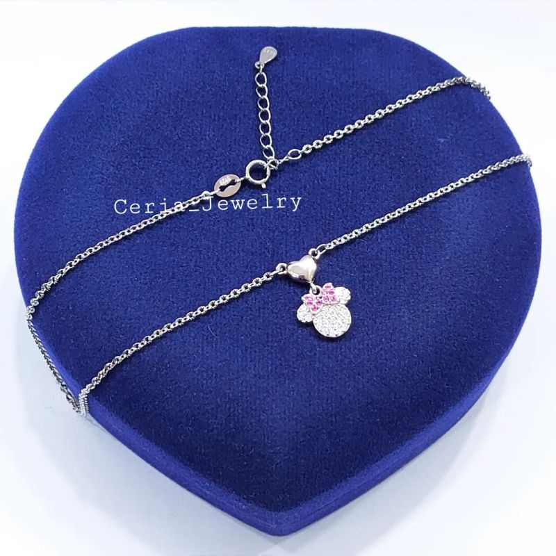 Kalung Anak Perak Asli Silver 925 Lapis Emas Putih Rantai Nori Ukir Model Mickey mouse - Perak Asli Silver 925 Anti Karat