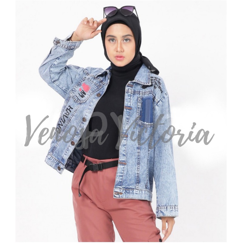 Jaket Jeans Oversize Wanita Snow Acid Grafiti Fun Yet