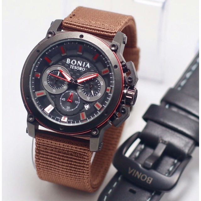 Jam Tangan Pria / Cowok Murah Bonia Chrono Kanvas Brown Red