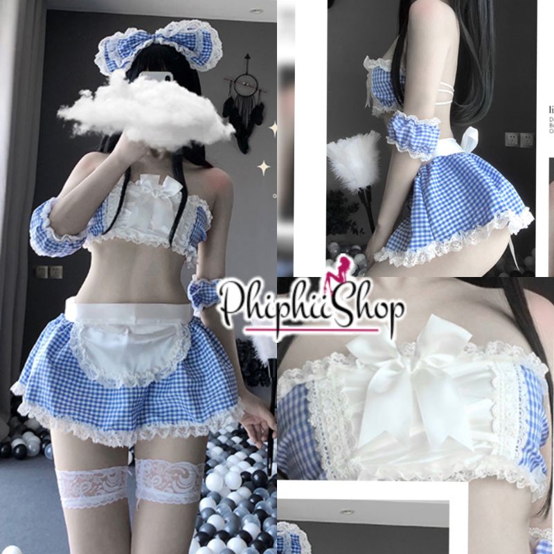 Set Lingerie Sexy Bikini &amp; Rok &amp; Bando Model Maid Ribbon Biru Eropa