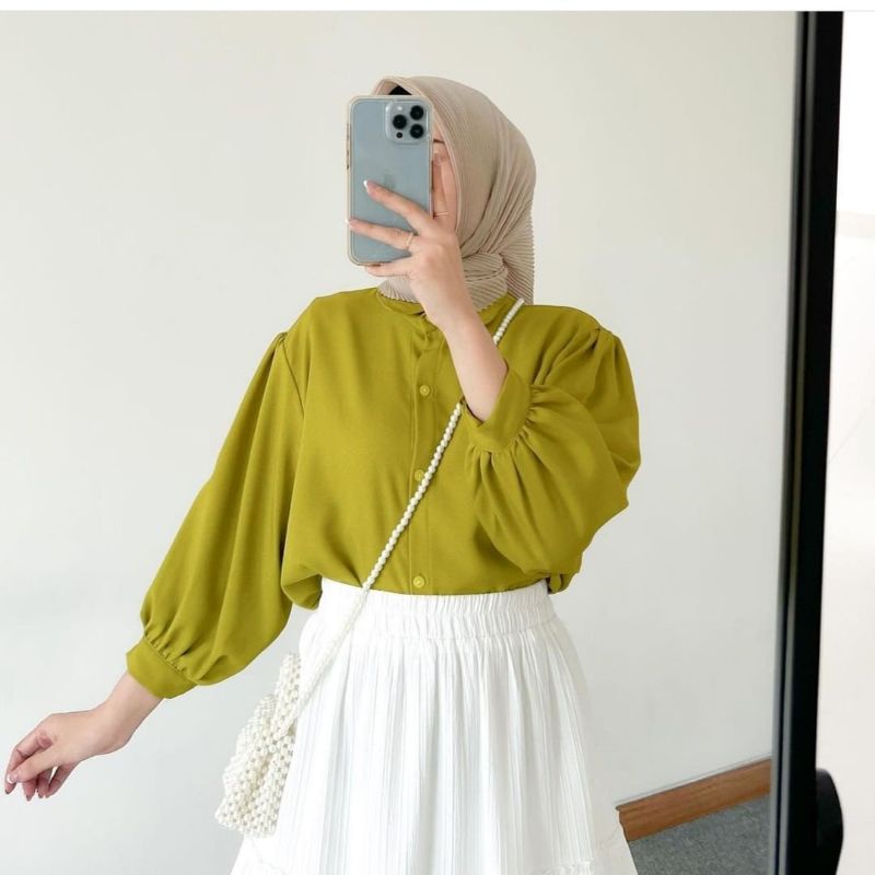 Blouse Kemeja Elze  Atasan Wanita Shakila Twill Lengan Balon Full Kancing