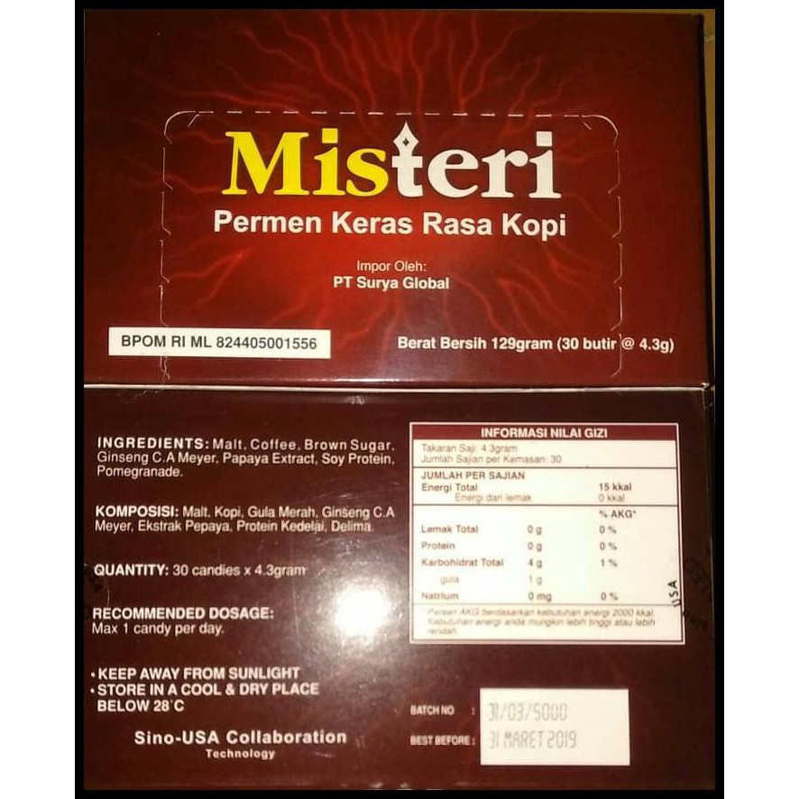 

Terlaris SPECIAL Misteri Ginseng & Coffee energetic candy (permen kopi) BPOM isi 30pcs MURAH MERIAH