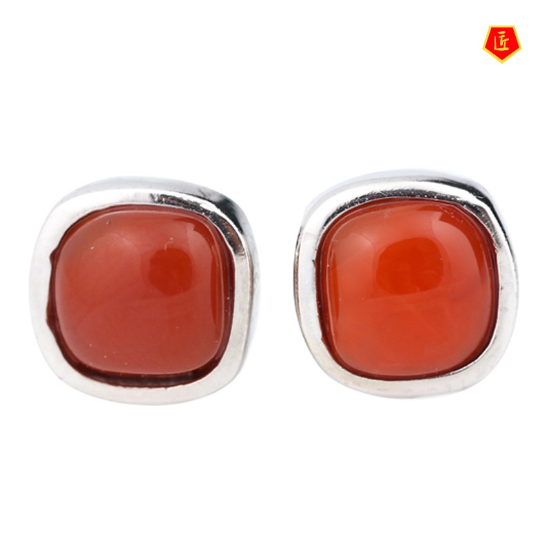 [Ready Stock]S925 Silver Elegance Retro Natural Red Agate Ear Studs