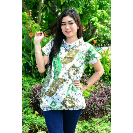 ATASAN BAJU BATIK CEWEK TURTLE NECK LENGAN PENDEK PUTIH HIJAU SERAGAM KERJA KANTOR MURAH