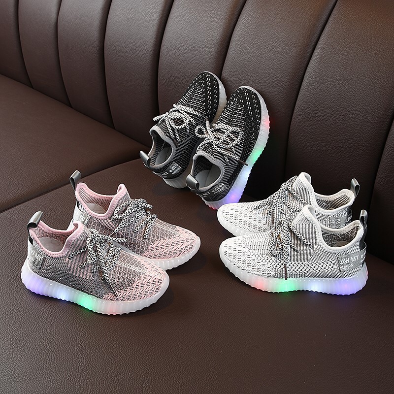 New fashion kids breathabl lace-up good quality LED sneaker off white shoes led