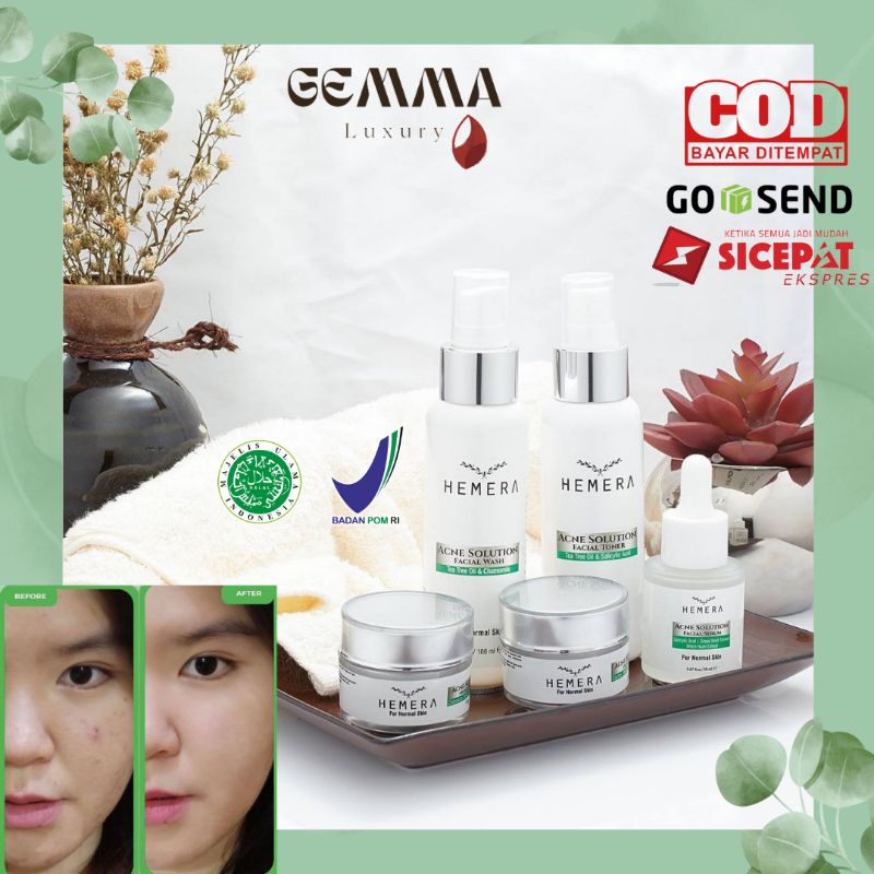 HEMERA 5 IN 1 ACNE SOLUTION - ACNE PRONE SKIN BPOM | FACIAL WASH TONER SERUM DAY &amp; NIGHT CREAM SKINCARE JERAWAT