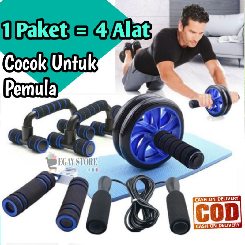 Paket Olahraga Gym Fitness Dirumah Push Up AB Wheel Roller Tali Skipping Hand Grip Set 4 in 1