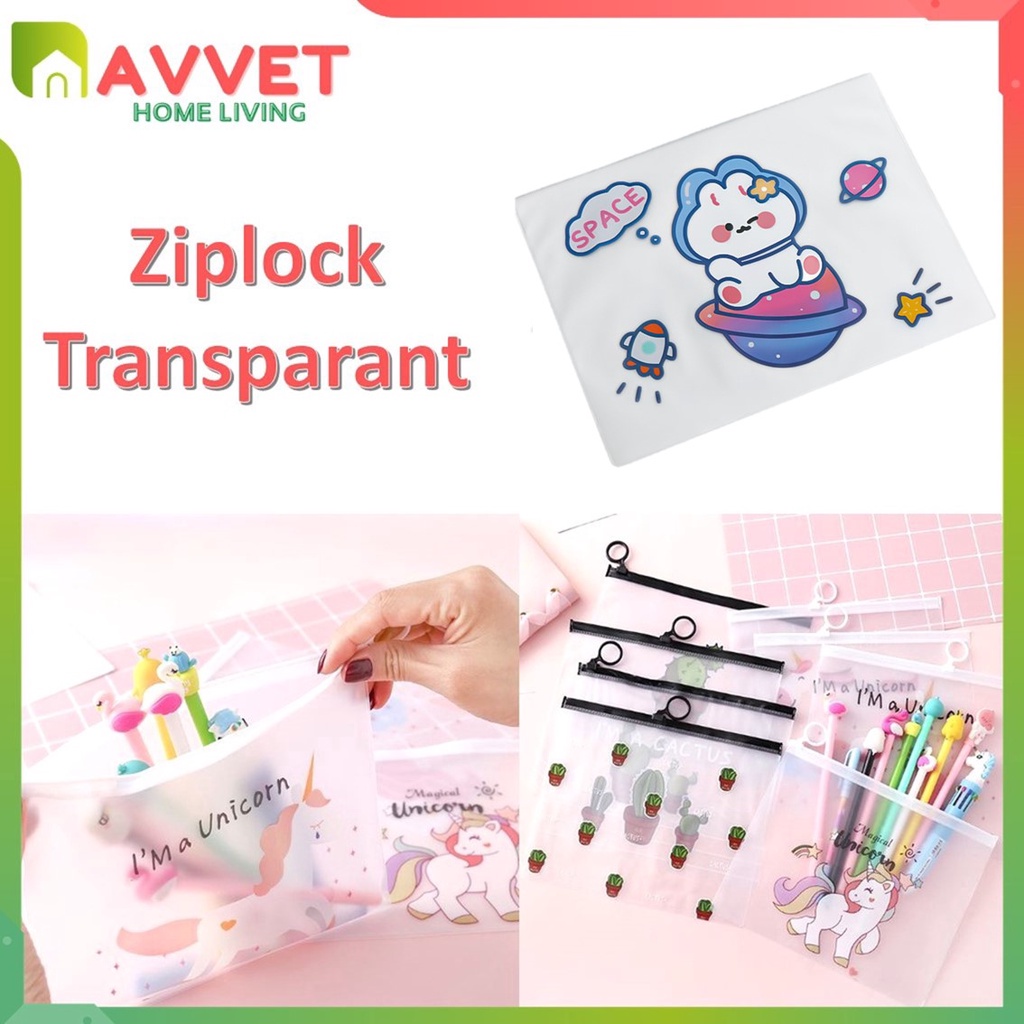 AVVET Pouch Zip Lock Kosmetik Transparan Motif Kaktus Tas Kosmetik Karakter Unicorn ZipLock Plastik Zipper Lock Alat Tulis ATK Murah Import