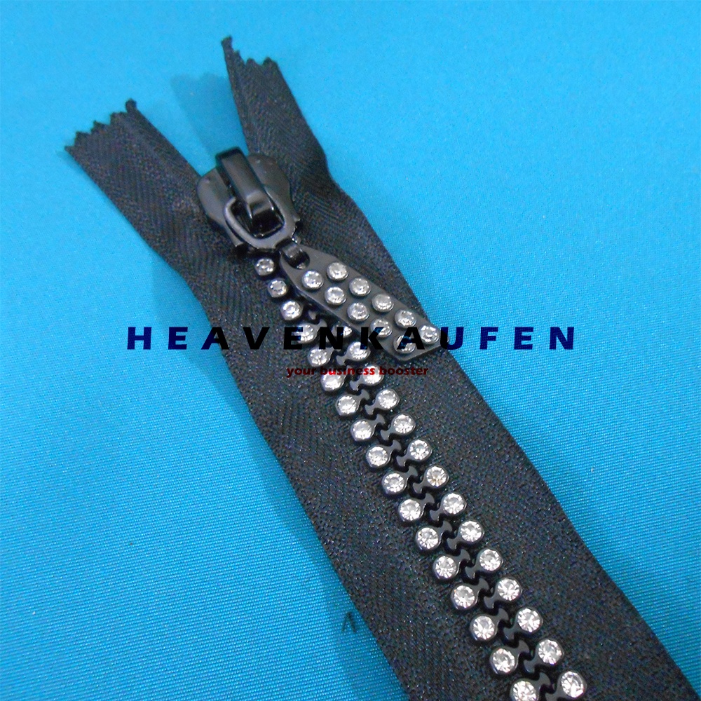 Resleting Zipper Busana 15 cm Warna Hitam Variasi Hias Permata Imitasi