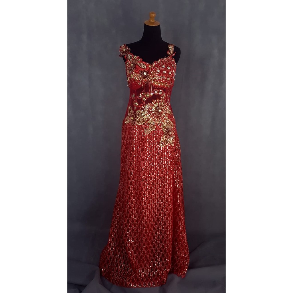 Gaun Pesta Merah Bunga Wanita Dress