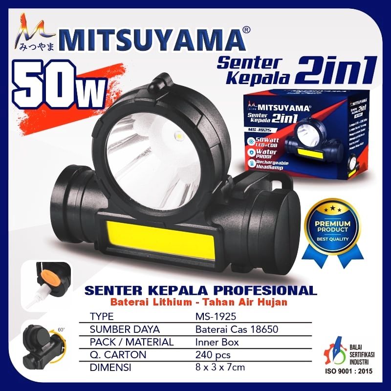 Senter kepala mitsuyama MS 1925 50w 2 in 1 tahan air hujan