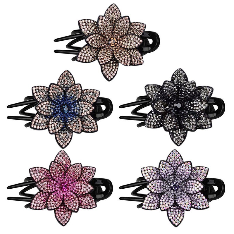 Rhinestone Double Flower Hair Clip Flexible Durable Women Dovetail Hair Clip