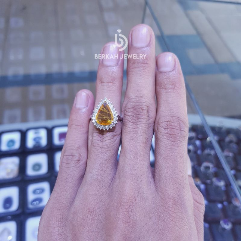 Cincin emas putih 40% batu yellow safir berlian asli natural diamond