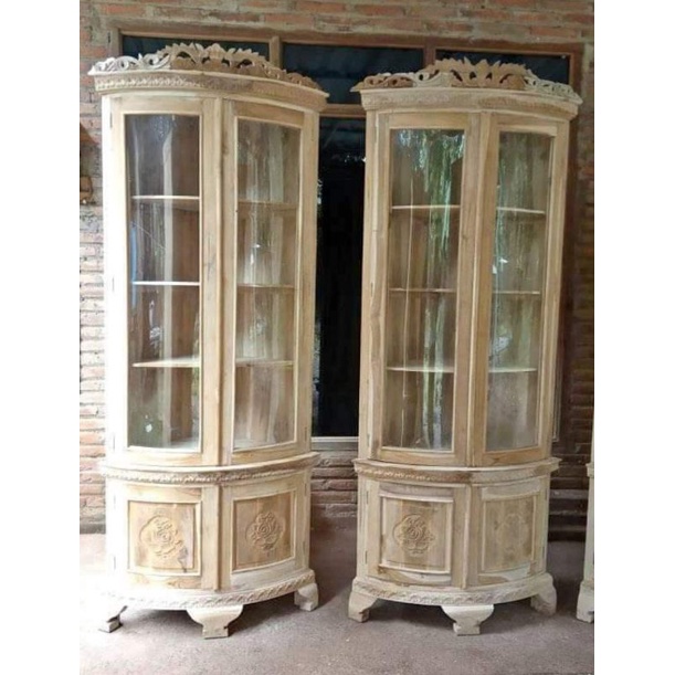 ALMARI SUDUT HIAS PAJANGAN KAYU JATI MENTAH / LEMARI SUDUT KAYU JATI JEPARA TERMURAH