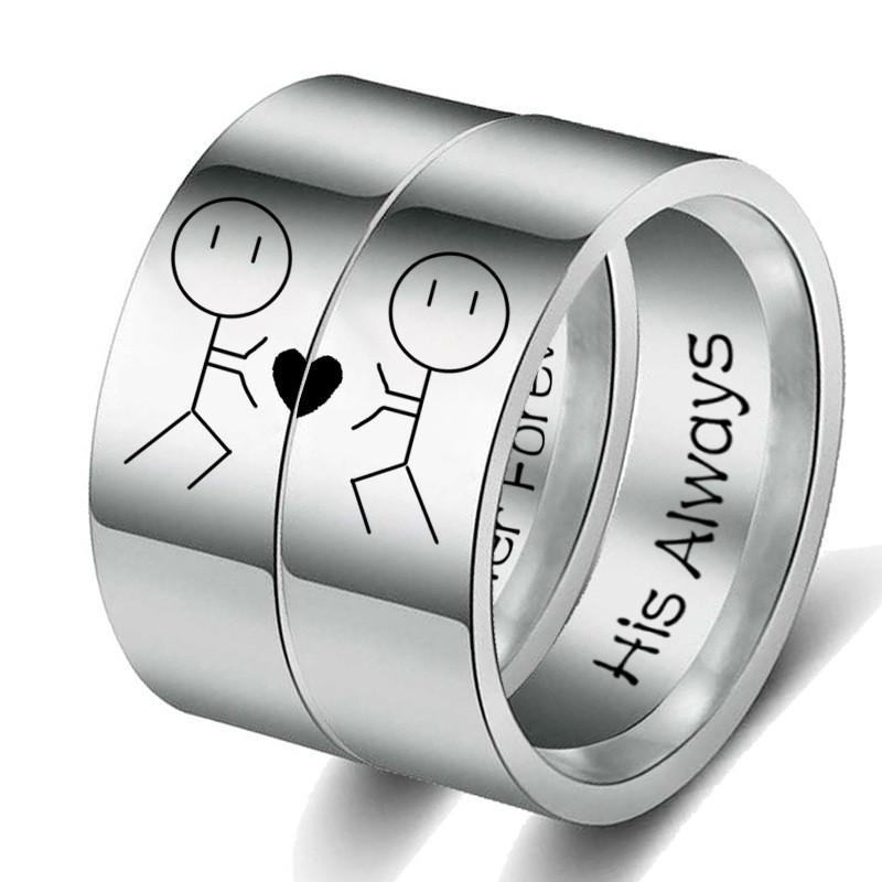 Cincin Desain Tulisan Her Forever His Always I Love You Bahan Titanium Silver Hitam Untuk Pasangan