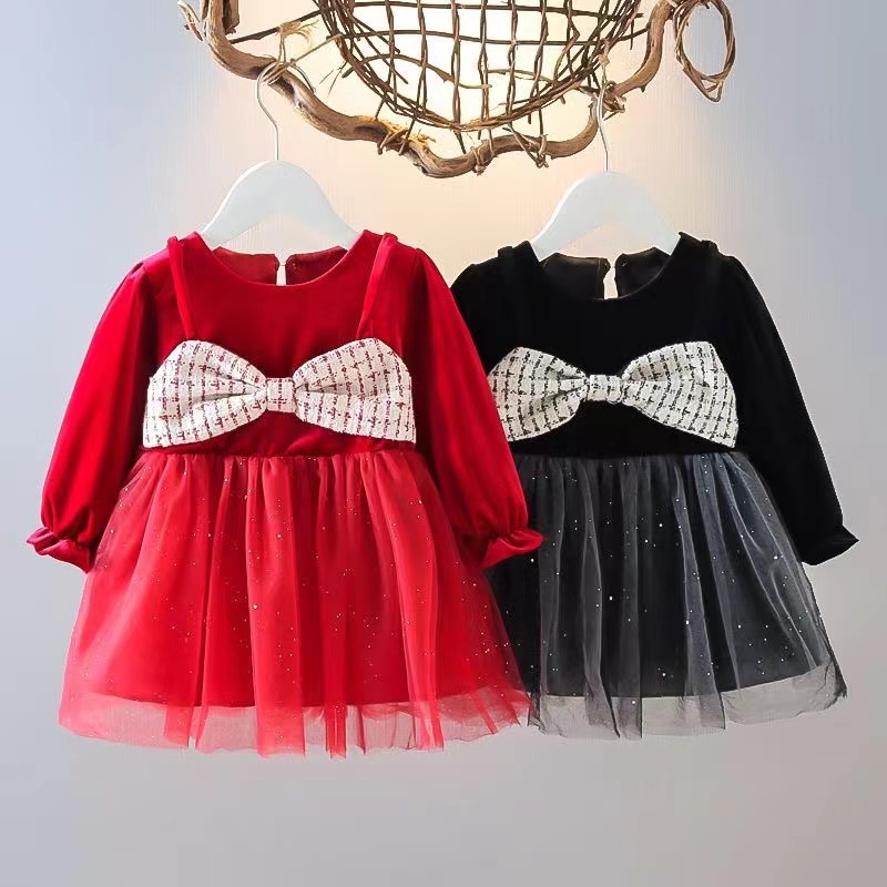 KF CAT  Dress Tutu Anak Perempuan Import/ Model Pita Besar/ Korea Style Fashion Lengan Panjang Untuk  1-4 Tahun-1