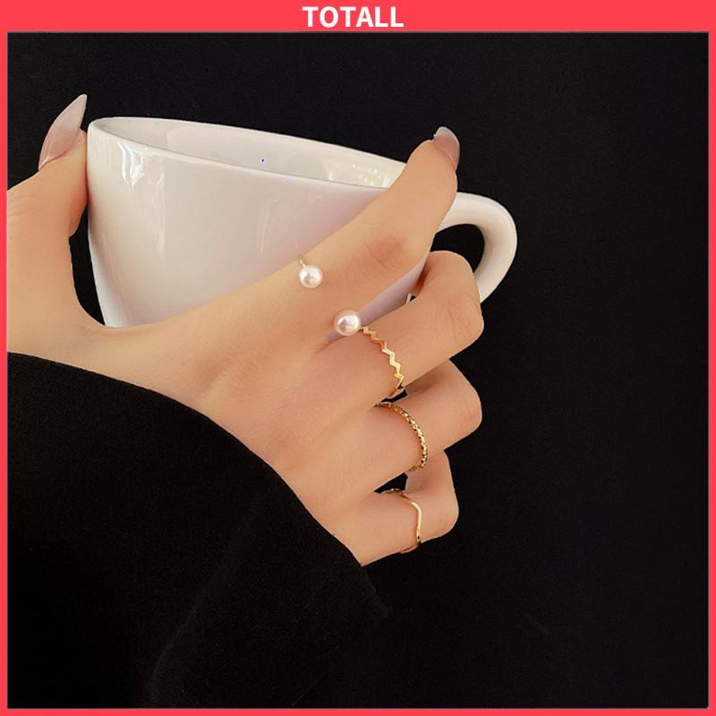 COD 4 Pcs/set Korea Cincin Emas Untuk Wanita Sederhana Mutiara Elegan Cincin Set Dapat Disesuaikan Terbuka Perhiasan Hadiah-Totall