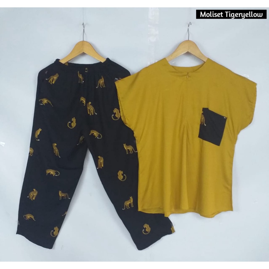 Setelan Piyama Babydoll Lengan Pendek Kekinian Baju Tidur One Set Rayon Premium Wanita Dewasa Busui-Tiger Yellow