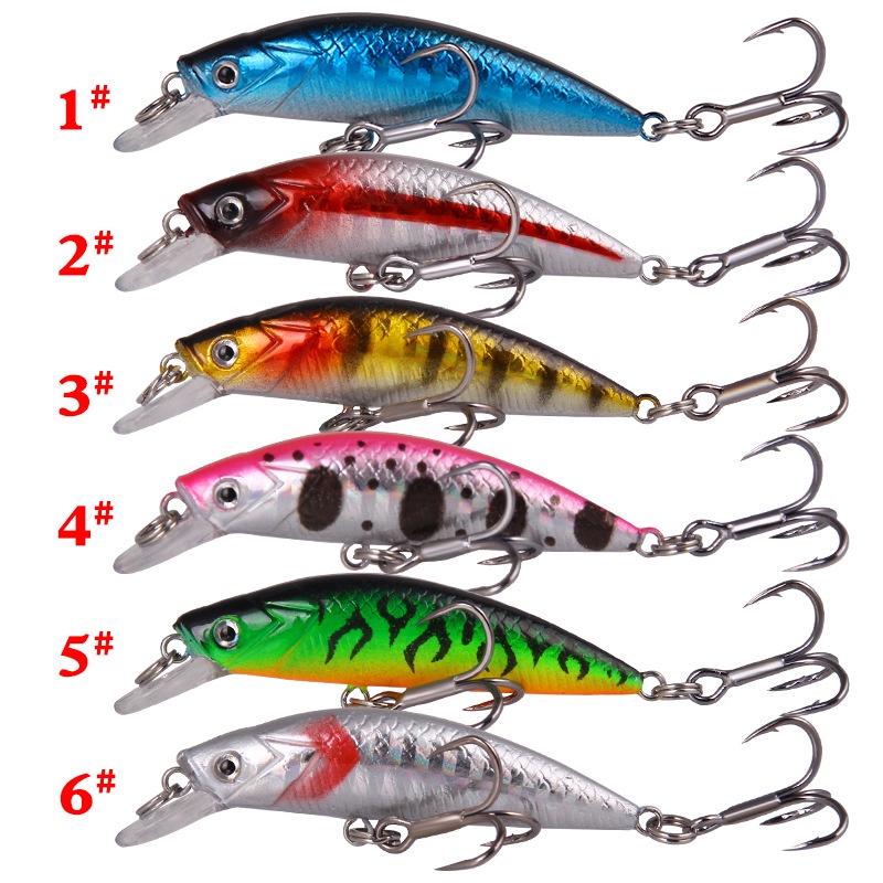 1 Pc Umpan Pancing Hard Bait Bentuk Ikan Kecil 3D 6 Warna Ukuran 6cm / 7g Dengan 2 Tiga Kail