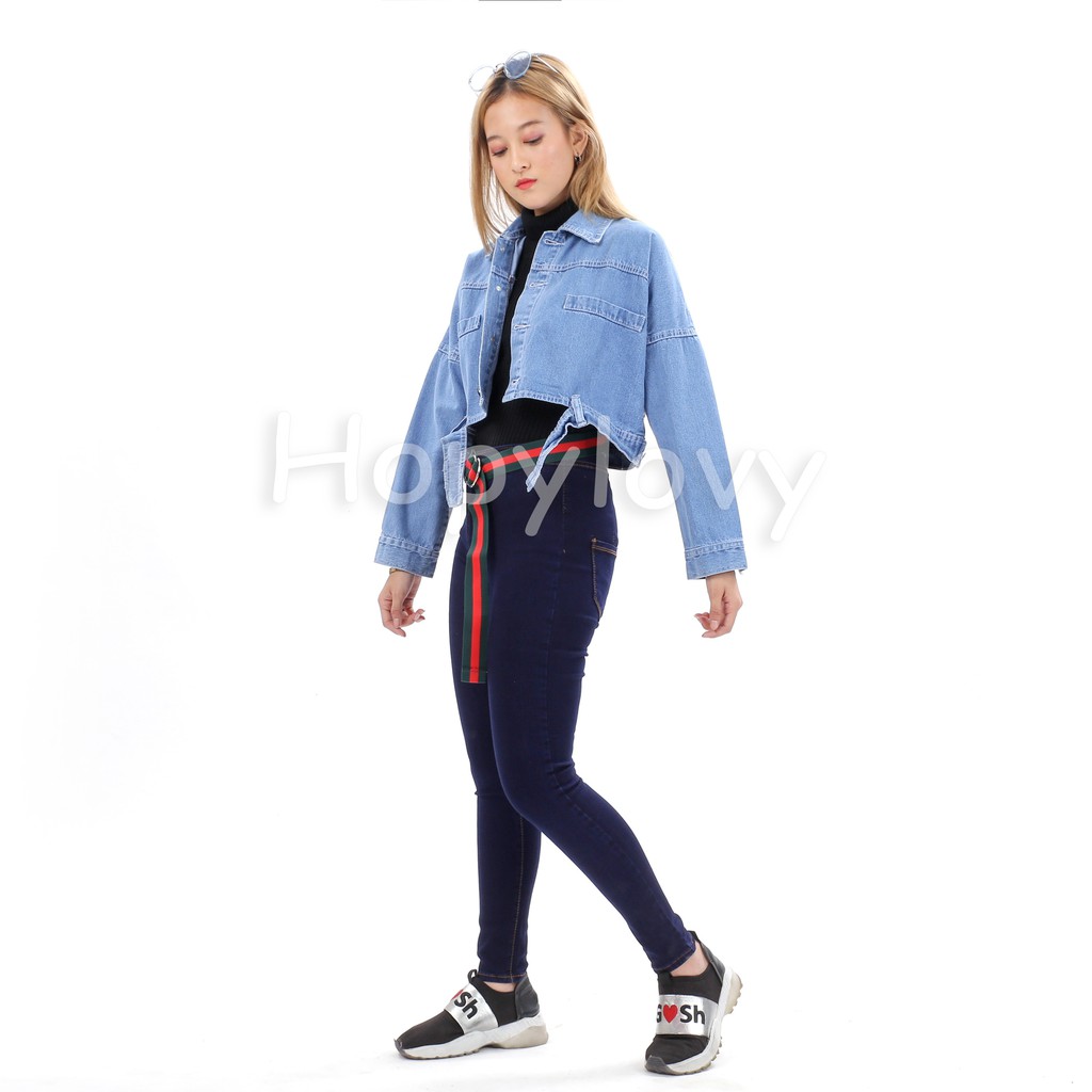 HOPYLOVY - Jaket Jeans Wanita Crop Back Reversed Pocket Mirzani