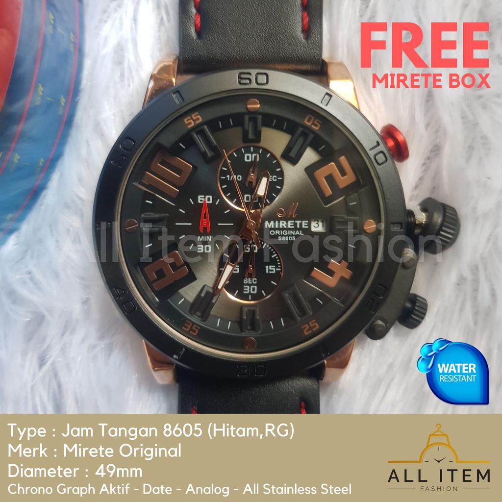 Jam Tangan Chrono Kulit MIRETE 8605 / Jam Tangan Pria Anti Air ORI / Arloji / Watches (FREE BOX)