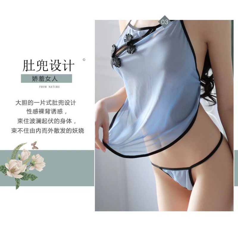 Lingerie Sexy Set Cheongsam Jibao Tradisional Cina Vintage Putih Biru