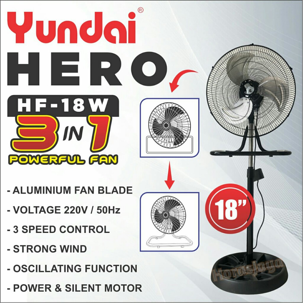 Yundai HERO Kipas Angin Besi 18" inci 3 in 1 HF-18N Multifungsi Stand Desk Wall Fan 18 inch
