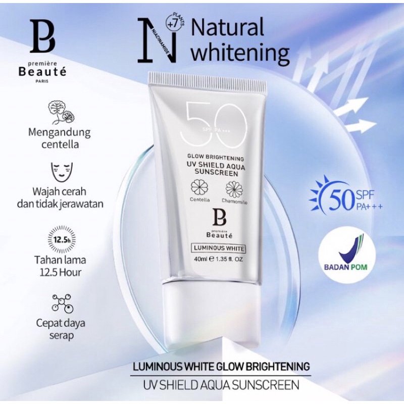 (READY) Premiere Beaute Sunscreen (SPF 50+++) 40ml UV Shield Sun Protect BPOM | Luminous White Glow 
