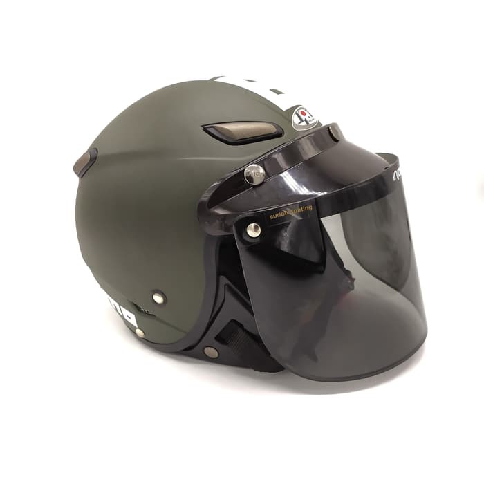 Helm JPN MOMO Hijau Army +Kaca Datar INJAK (Retro/Bogo/Klasik/Classic)