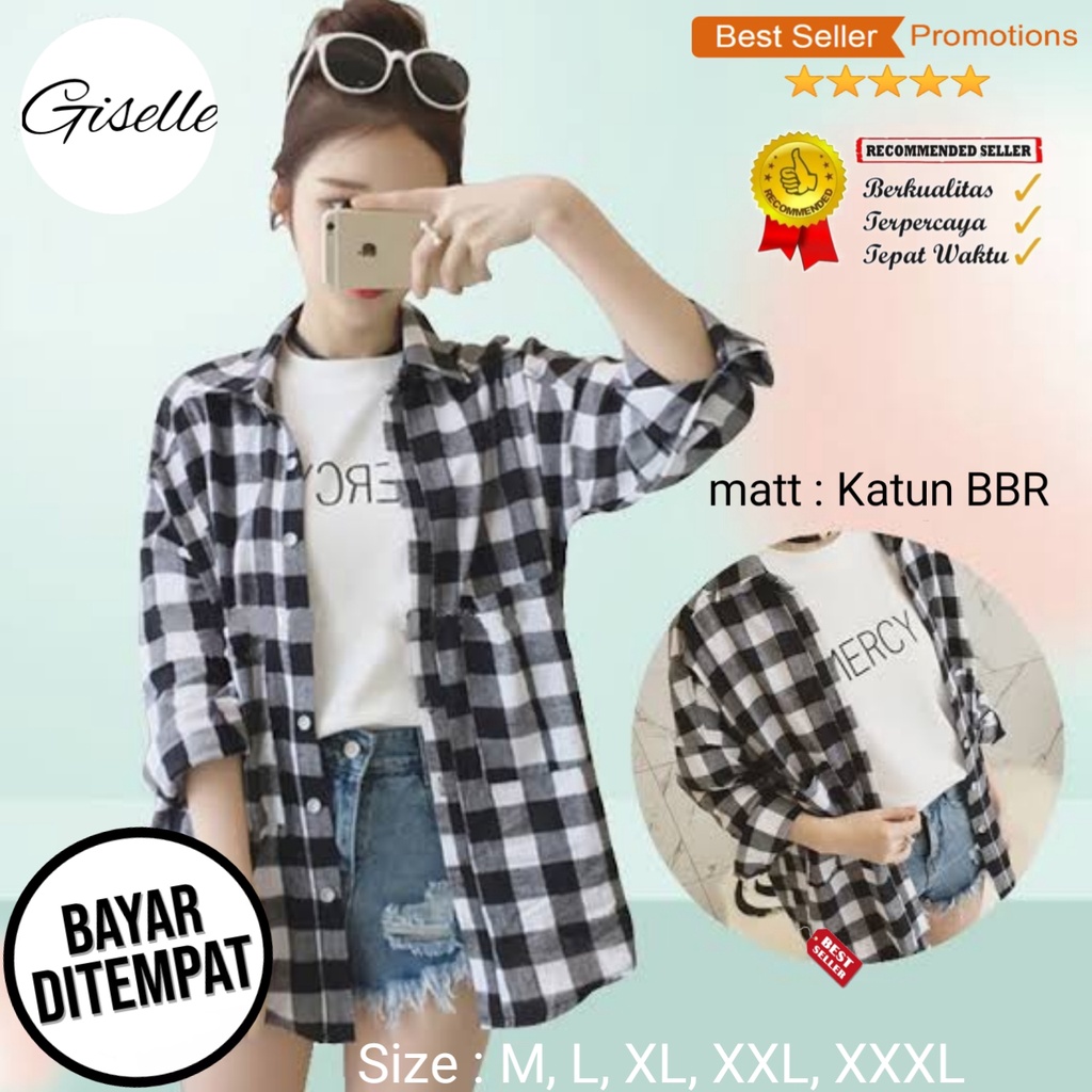 GSL KEMEJA WANITA CASUAL JUMBO KOREA LENGAN PANJANG IMPORT POLOS KOTAK KOTAK OVERSIZE Baju Kemeja Atasan Wanita Hitam Puith Terbaru 2021 Kekinian Viral-1