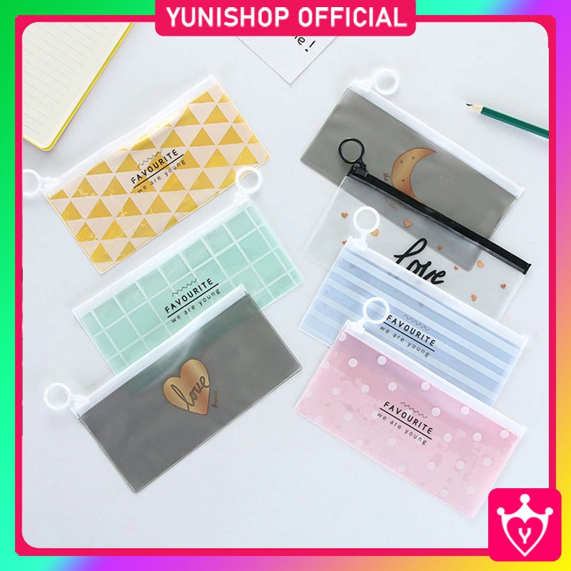 Zipper Bag Strip Tempat Pensil Transparan Warna Pastel Zipper Serbaguna Alat Tulis Kosmetik / TV-82