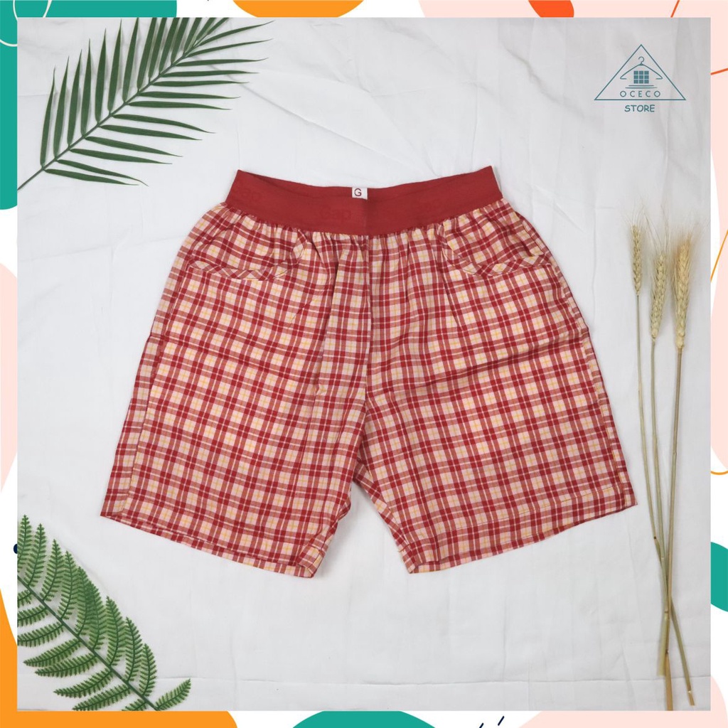 Celana Pendek Pria Wanita Dewasa Motif Kotak Merah Bahan Katun Woven