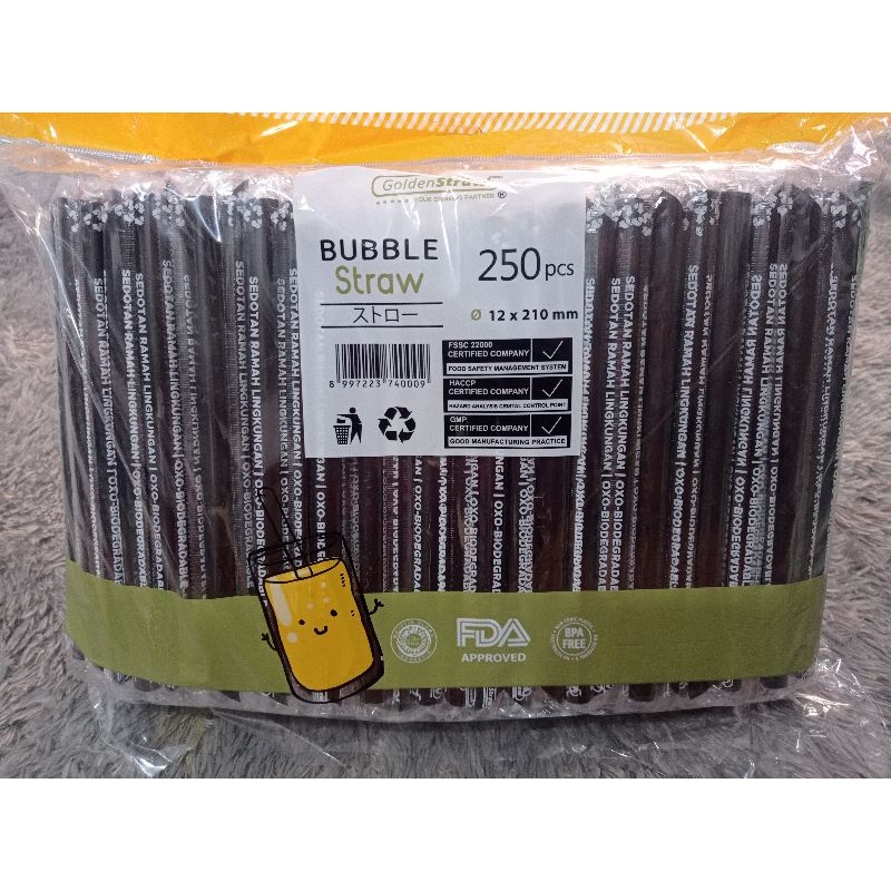 SEDOTAN BOBA (250) 12mm 1221 STERIL PLASTIK GOLDENSTRAW HITAM OXO BUBBLE STRAW BESAR MINUMAN BOBA RAMAH LINGKUNGAN KEMASAN 250 12MM 21CM