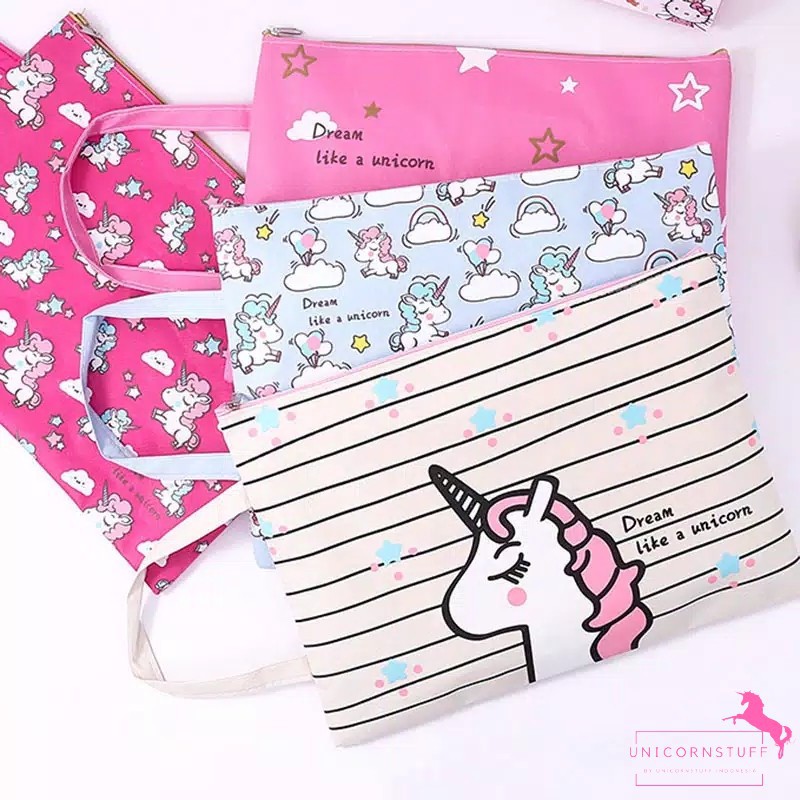 Map Kain Unicorn A4 Anak Sekolah Pouch Make Up Kertas Resleting