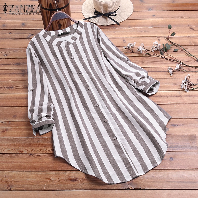 ZANZEA Women Long Sleeve Buttons Down Stripe Asymmetrical Hem Blouse