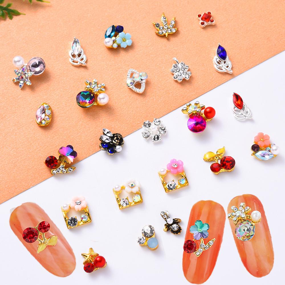 AUGUSTINA Agustinina Nail Art Zircon Lucu Alloy 3D Hati Bunga Ceri Mutiara Bintang Berujung Lima Kuku Berlian Imitasi