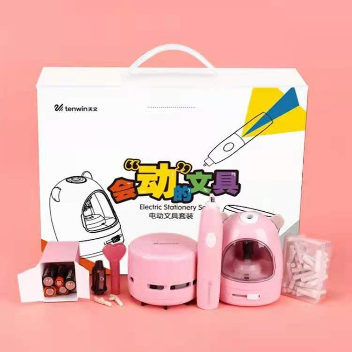 

serutan pensil otomatis set vacum pensil eraser pencil electric - polos Pink promo