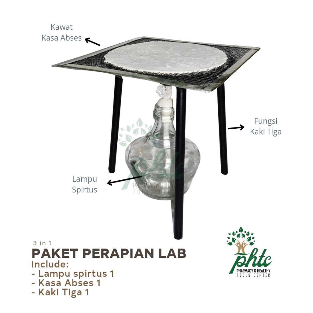 Paket Pemanas Laboratorium l Lampu Spirtus + Kawat Kasa Abses + Kaki Tiga Besi Tebal