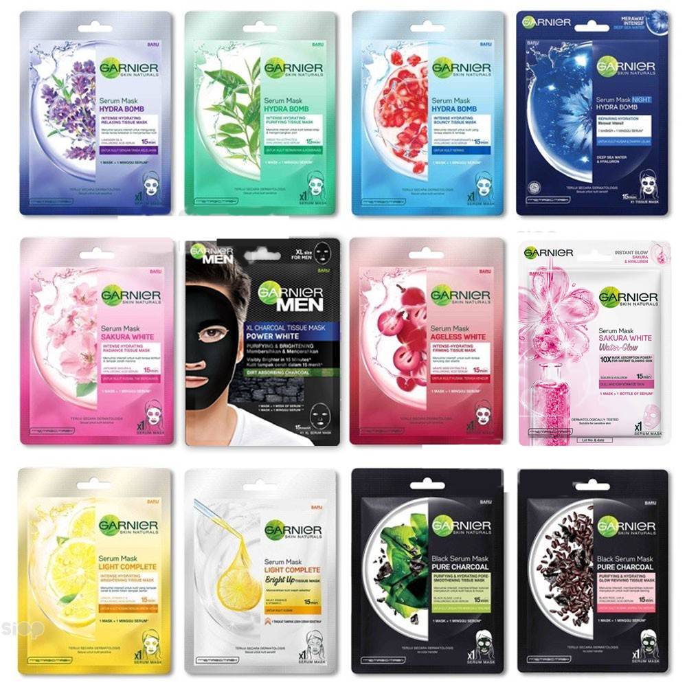 GARNIER Serum Sheet Mask MASKER WAJAH Lembaran all varian (Pink Kuning Hitam Hijau Biru Putih Ungu)