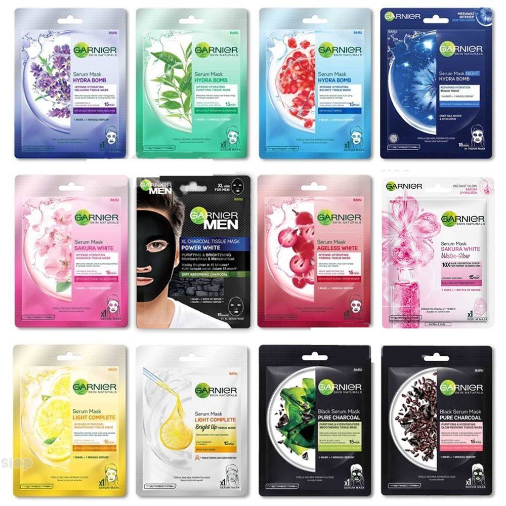 GARNIER Serum Sheet Mask MASKER WAJAH Lembaran all varian (Pink Kuning Hitam Hijau Biru Putih Ungu)