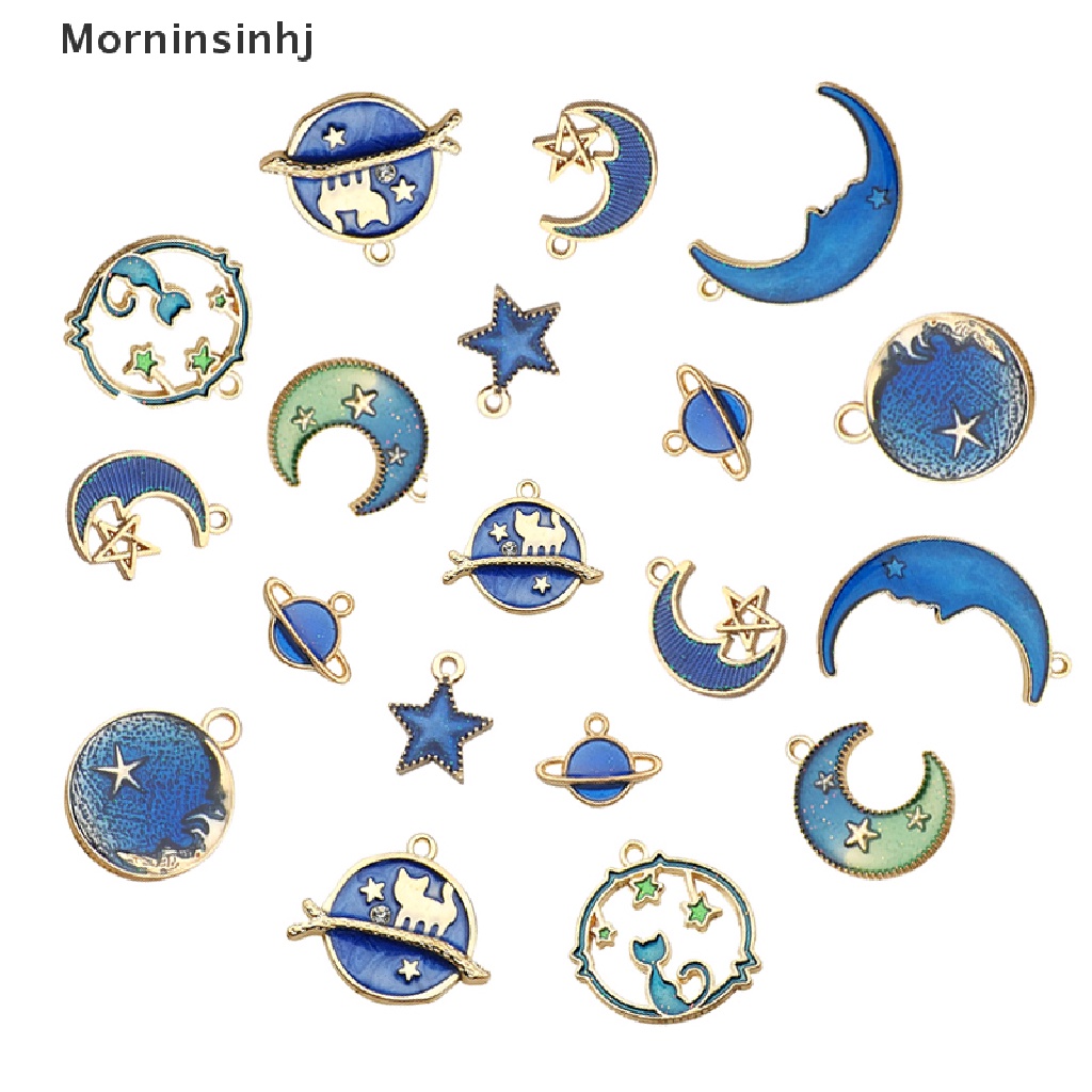 Mornin 24Pcs /Set Enamel Kucing Bulan Bintang Bumi Planet Charms Liontin DIY Membuat Perhiasan id